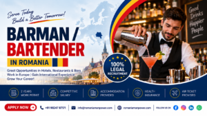 Professional mixologist preparing high-quality cocktails for the Bartender job in Romania 2026.