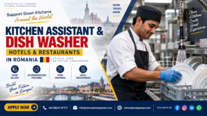 Professional utility staff performing industrial dishwashing for the official Kitchen Assistant job in Romania.