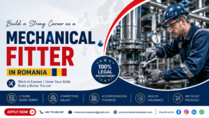 Professional industrial technician performing machinery assembly for the official Mechanical Fitter job in Romania.