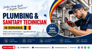 Professional technician installing high-pressure water pipes for the official Plumbing Technician job in Romania.