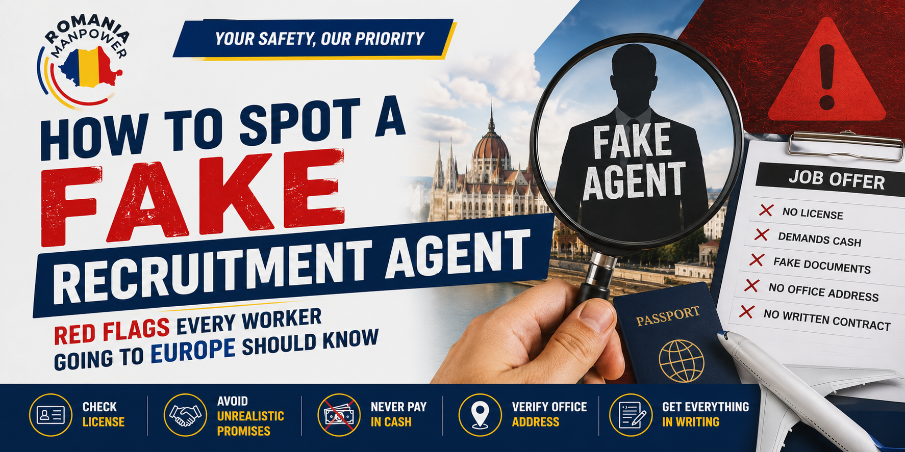 How to spot a fake recruitment agent before applying for jobs in Europe. Learn the warning signs, recruitment scam red flags, and how to verify legitimate overseas job opportunities.