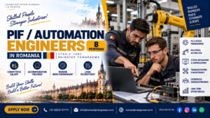 Professional technician testing a PLC control panel for Automation Engineer jobs in Romania.