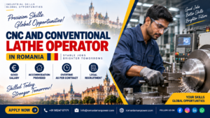 Skilled machinist working on a parallel lathe for CNC & Conventional Lathe Operator jobs in Romania.