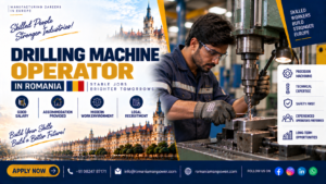 Professional technician performing precision metal drilling for Industrial Drilling Machine Operator jobs in Romania.